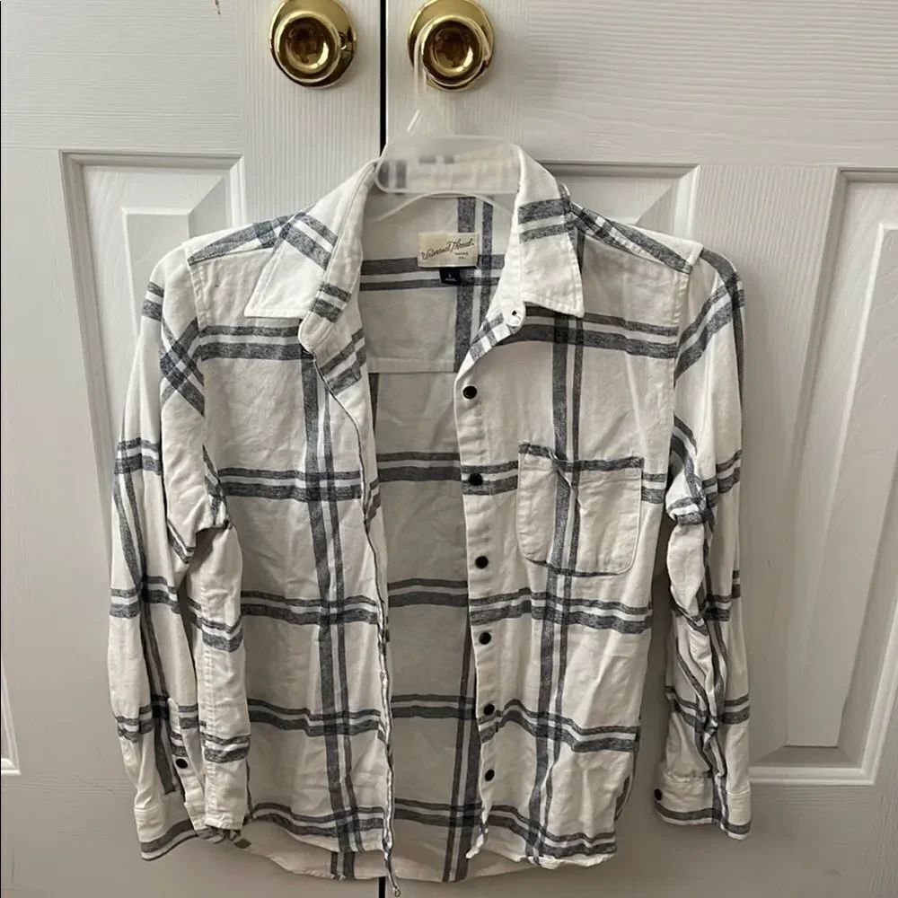 White and Black Plaid Button-Up Shirt